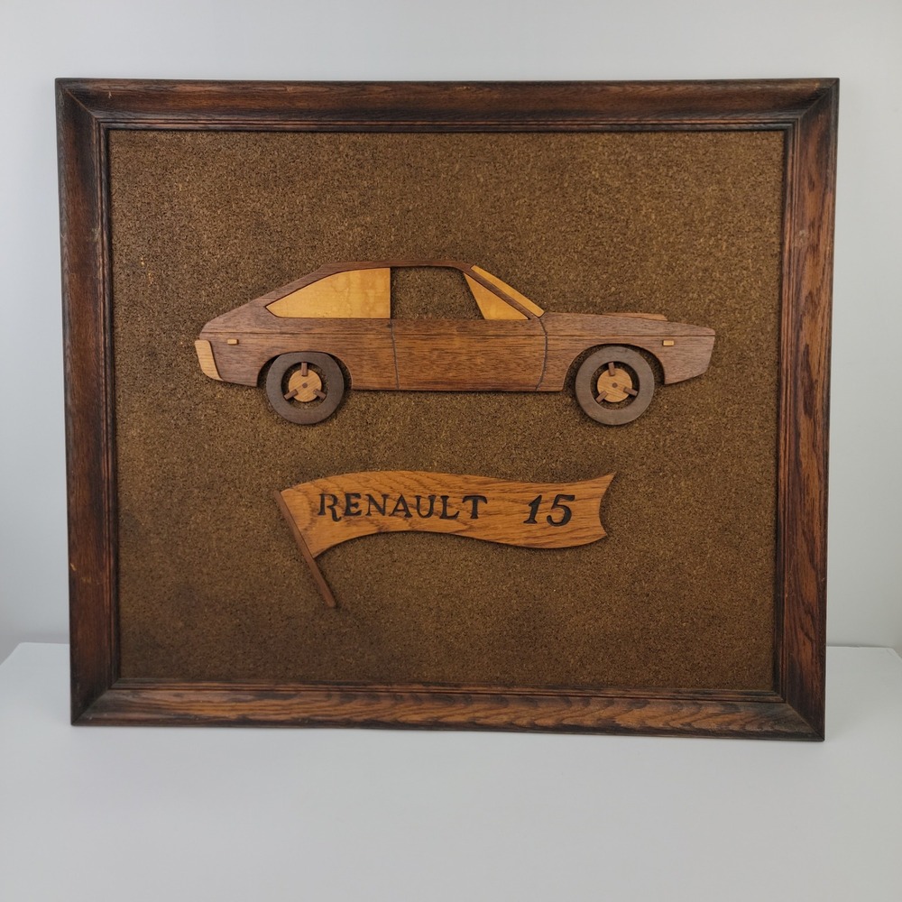 Vintage Renault 15 Wood Inlay Marquetry Wall Art Framed Automotive Decor